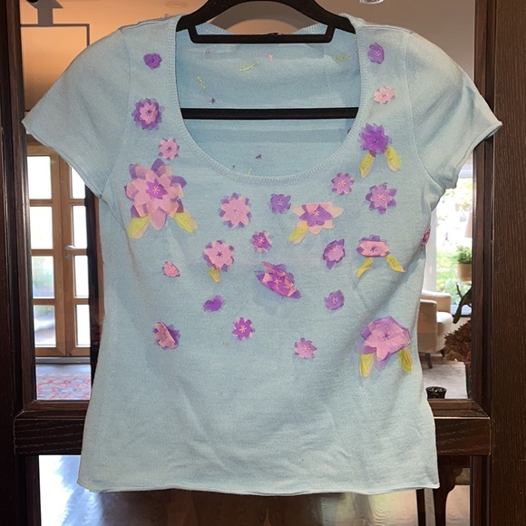 Moschino aqua cap sleeve knit top with pink and purple floral appliqués - Picture 1 of 5